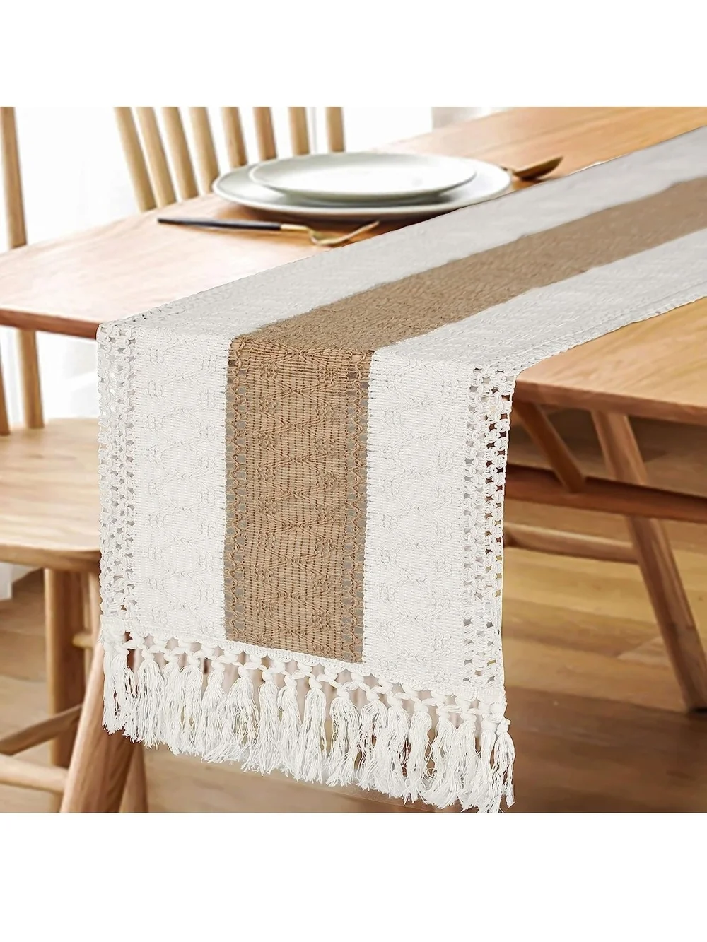 Boho Crochet Fringe Table Runner in Cream and Tan